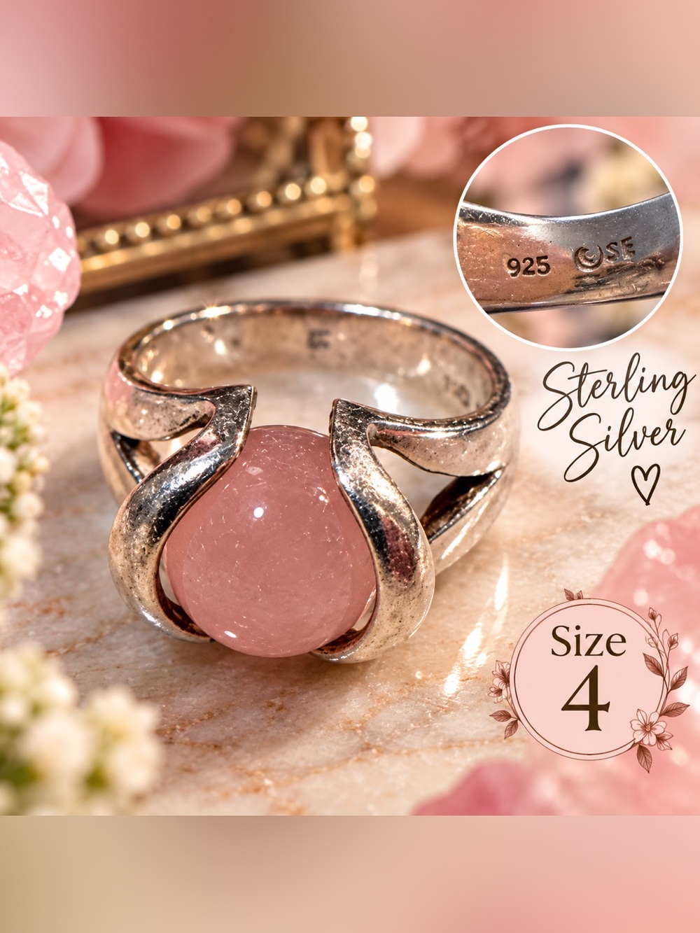 Sterling Silver Pink Rose Quartz Dome Ring - 925 Band, Size 4
